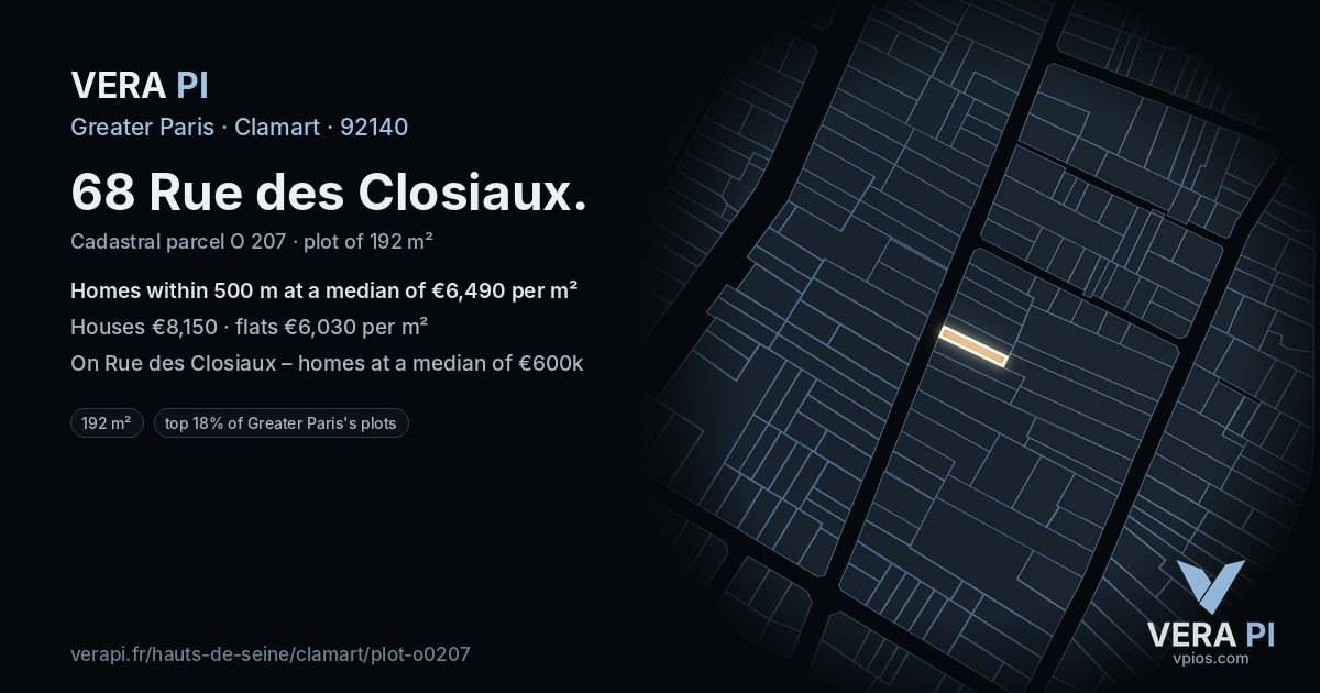 68 Rue des Closiaux, Clamart at night – the plot lit, the parcels around coloured by the prices near them