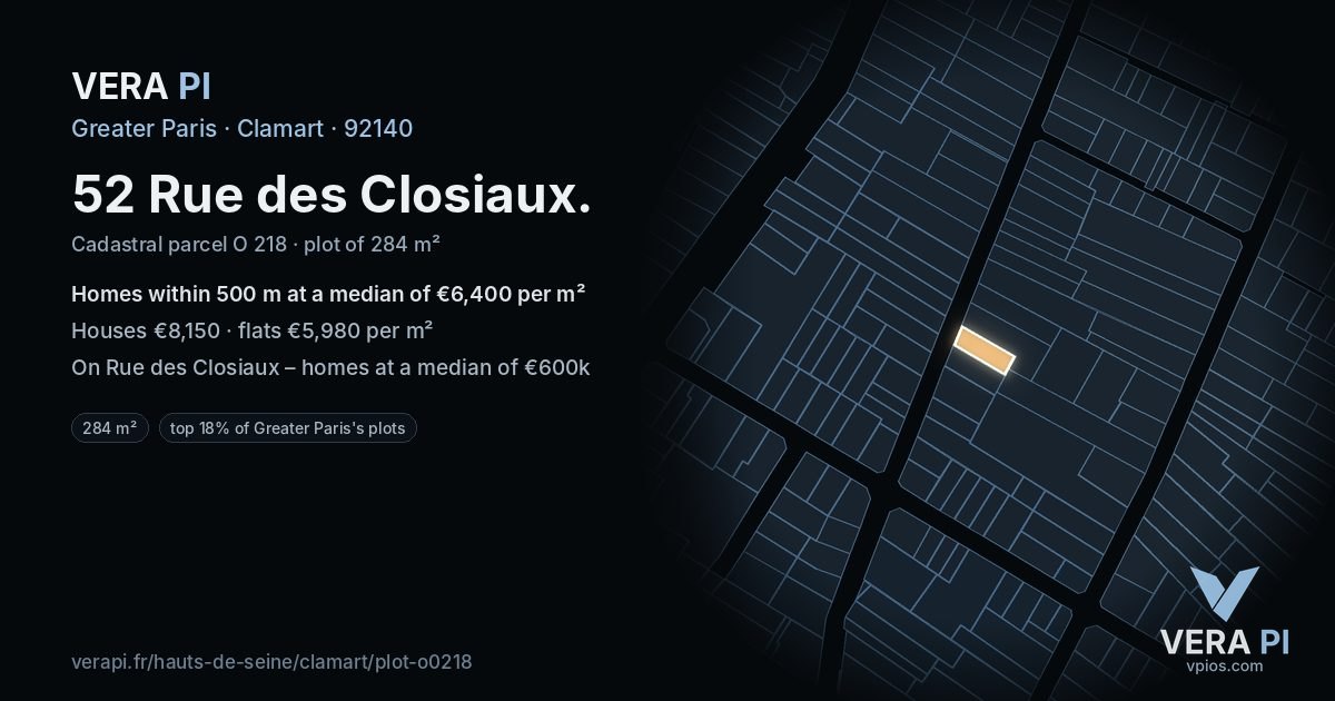 52 Rue des Closiaux, Clamart at night – the plot lit, the parcels around coloured by the prices near them