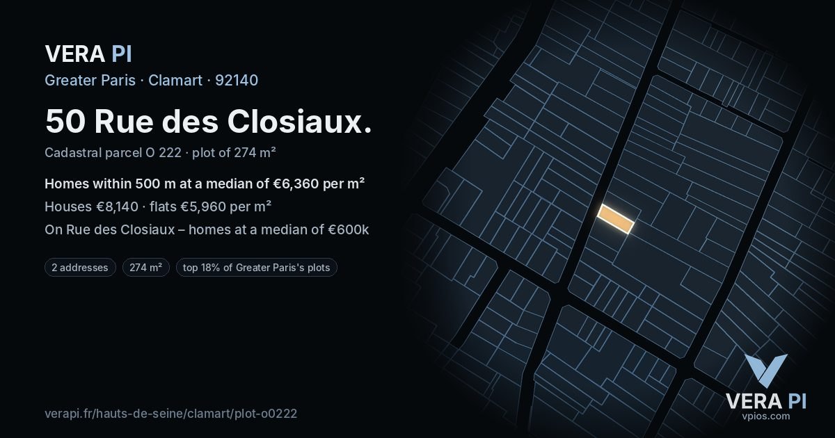 50 Rue des Closiaux, Clamart at night – the plot lit, the parcels around coloured by the prices near them