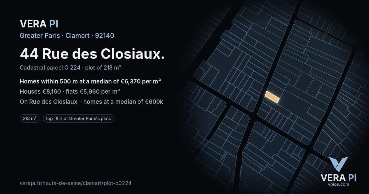 44 Rue des Closiaux, Clamart at night – the plot lit, the parcels around coloured by the prices near them