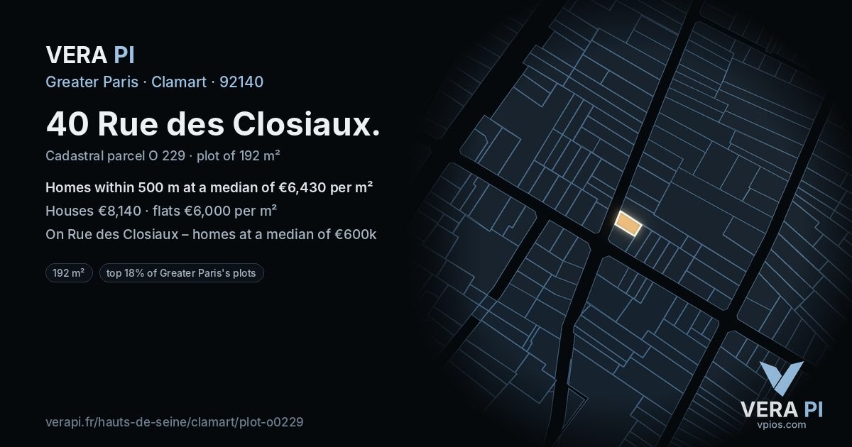 40 Rue des Closiaux, Clamart at night – the plot lit, the parcels around coloured by the prices near them