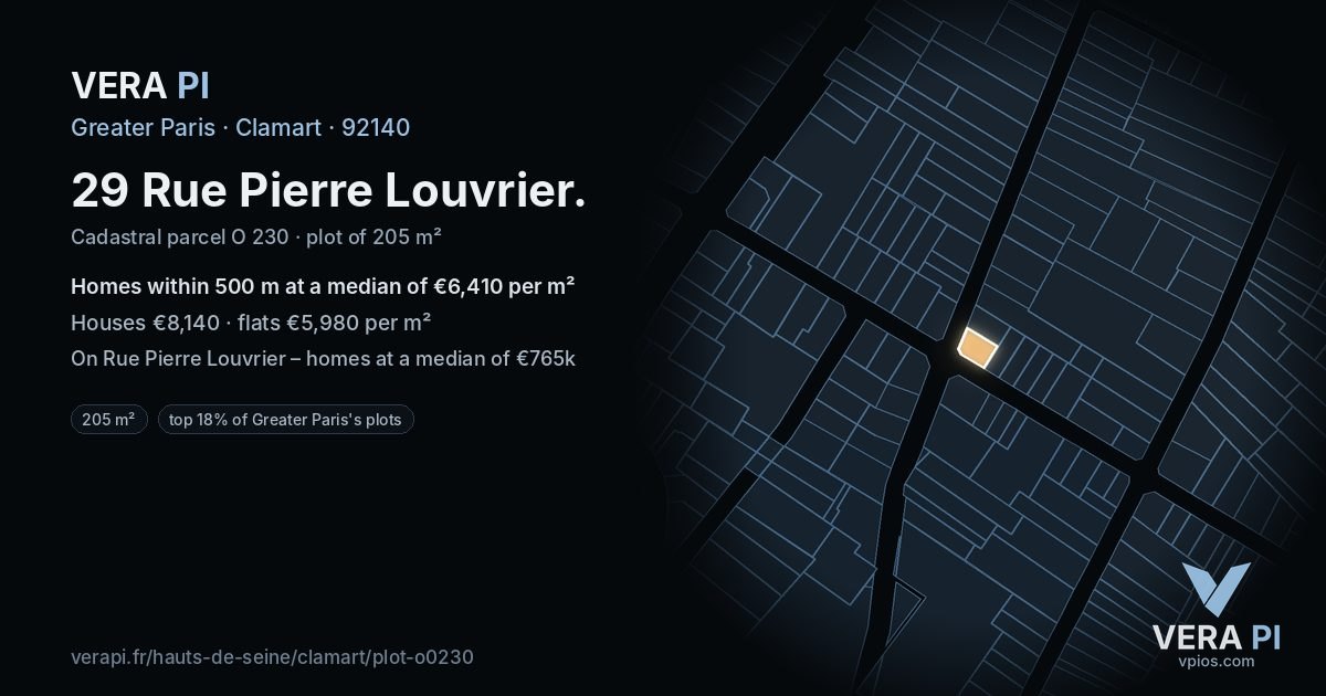 29 Rue Pierre Louvrier, Clamart at night – the plot lit, the parcels around coloured by the prices near them