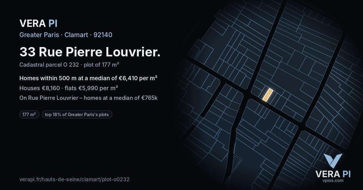 33 Rue Pierre Louvrier, Clamart at night – the plot lit, the parcels around coloured by the prices near them