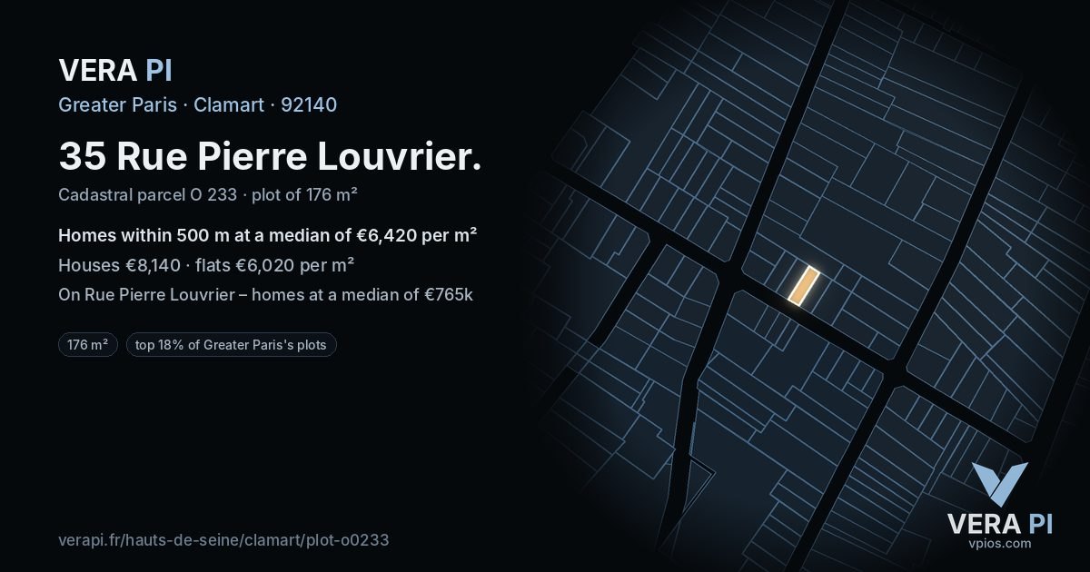 35 Rue Pierre Louvrier, Clamart at night – the plot lit, the parcels around coloured by the prices near them