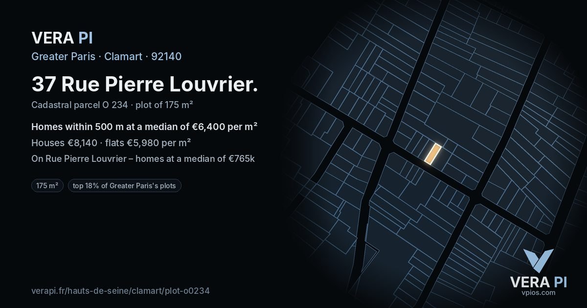 37 Rue Pierre Louvrier, Clamart at night – the plot lit, the parcels around coloured by the prices near them
