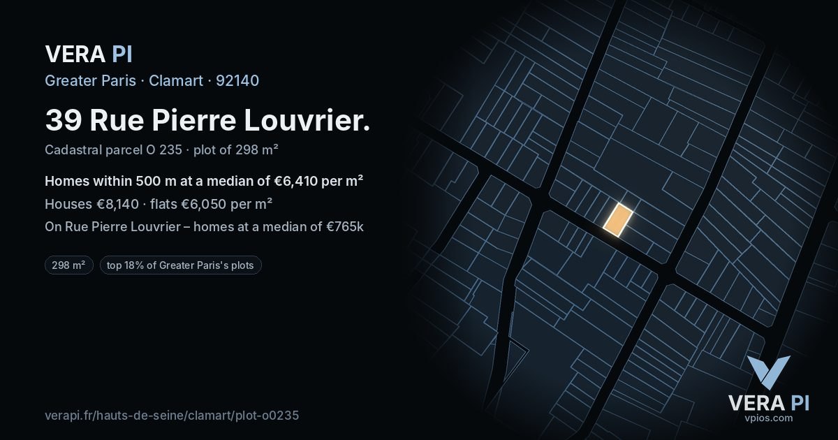 39 Rue Pierre Louvrier, Clamart at night – the plot lit, the parcels around coloured by the prices near them
