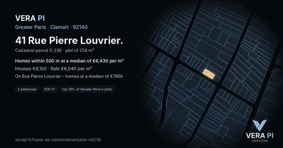 41 Rue Pierre Louvrier, Clamart at night – the plot lit, the parcels around coloured by the prices near them