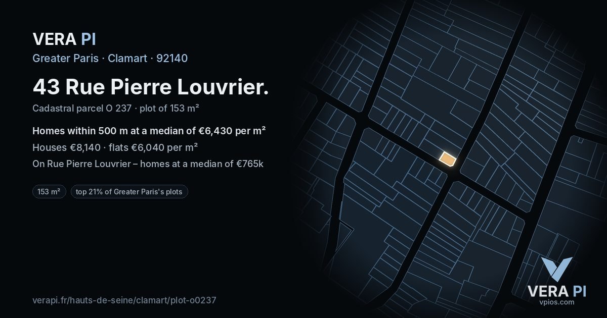 43 Rue Pierre Louvrier, Clamart at night – the plot lit, the parcels around coloured by the prices near them