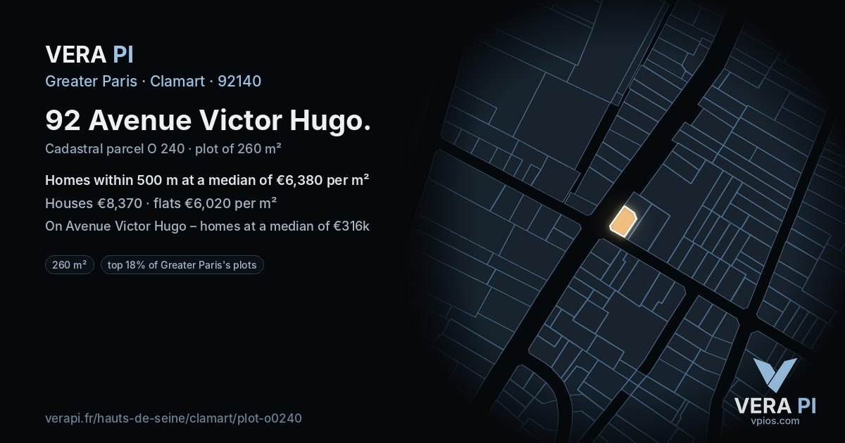92 Avenue Victor Hugo, Clamart at night – the plot lit, the parcels around coloured by the prices near them