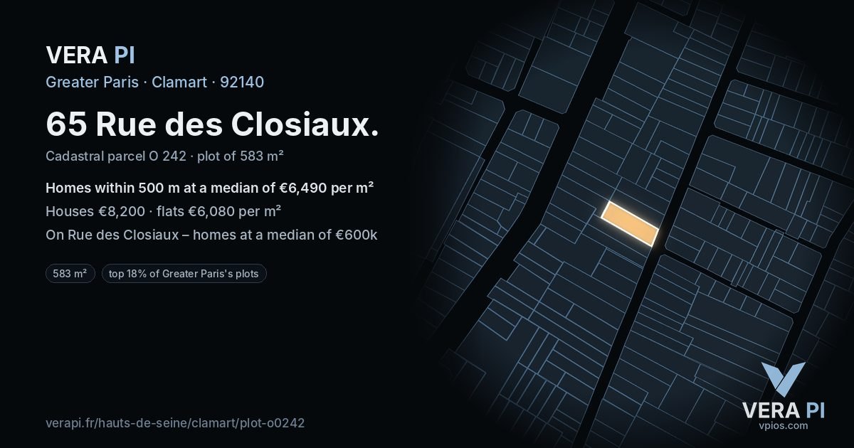 65 Rue des Closiaux, Clamart at night – the plot lit, the parcels around coloured by the prices near them