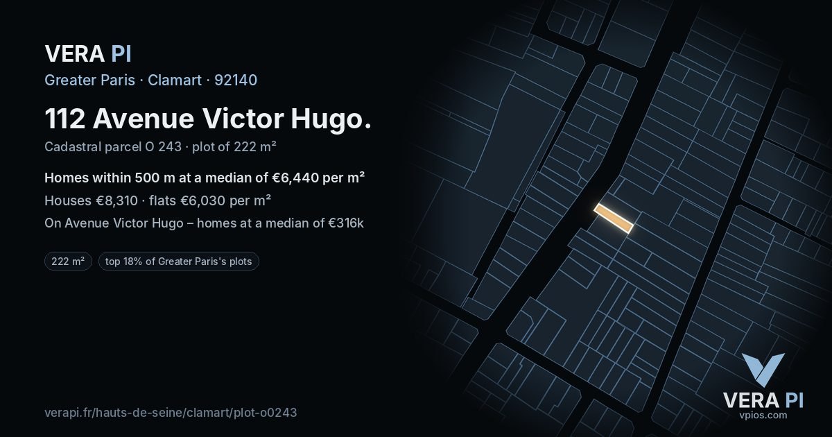 112 Avenue Victor Hugo, Clamart at night – the plot lit, the parcels around coloured by the prices near them