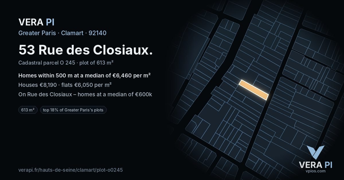 53 Rue des Closiaux, Clamart at night – the plot lit, the parcels around coloured by the prices near them