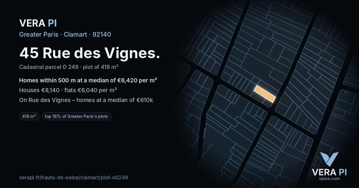 45 Rue des Vignes, Clamart at night – the plot lit, the parcels around coloured by the prices near them