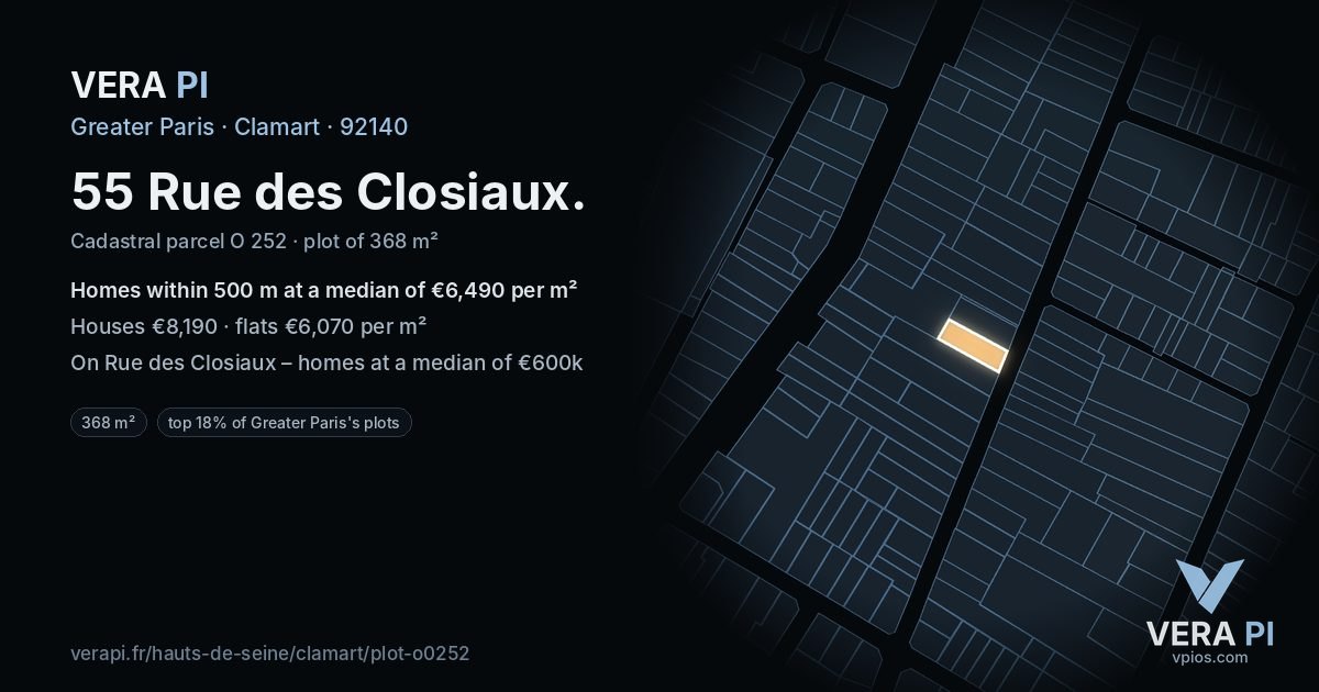 55 Rue des Closiaux, Clamart at night – the plot lit, the parcels around coloured by the prices near them