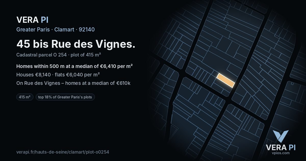 45 bis Rue des Vignes, Clamart at night – the plot lit, the parcels around coloured by the prices near them