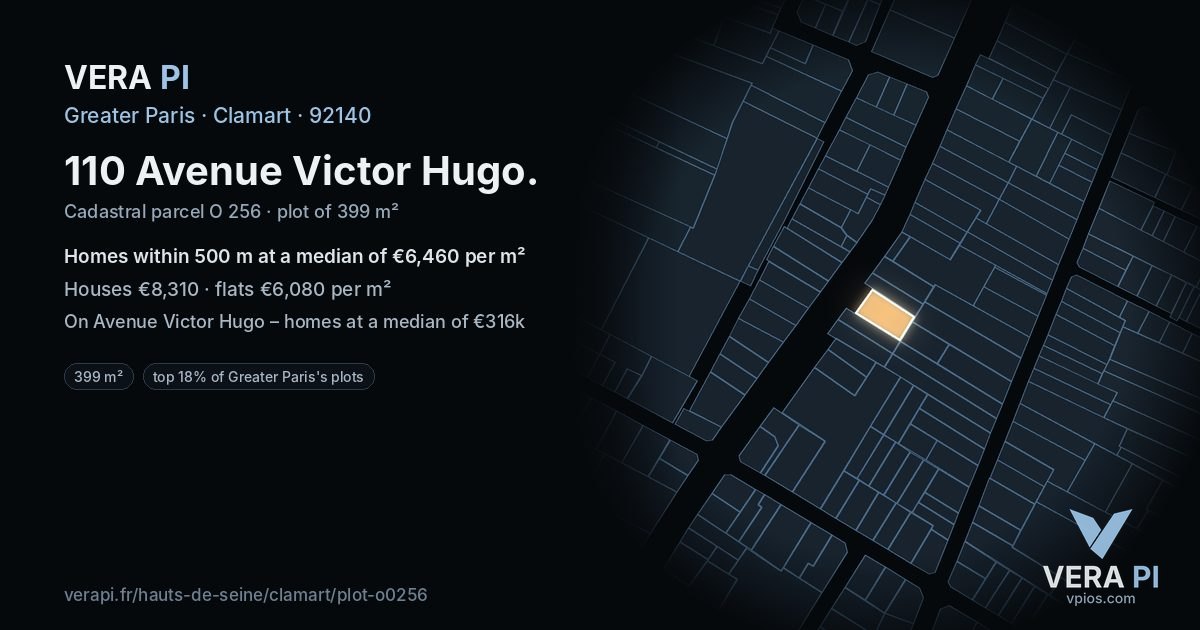 110 Avenue Victor Hugo, Clamart at night – the plot lit, the parcels around coloured by the prices near them