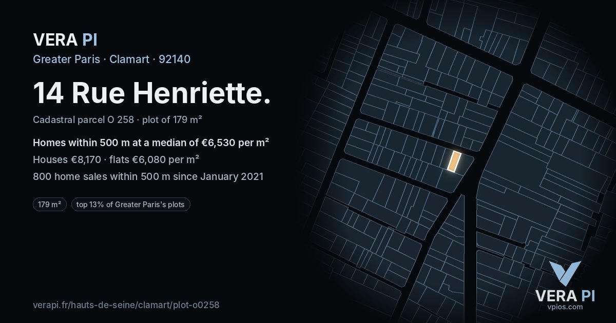 14 Rue Henriette, Clamart at night – the plot lit, the parcels around coloured by the prices near them