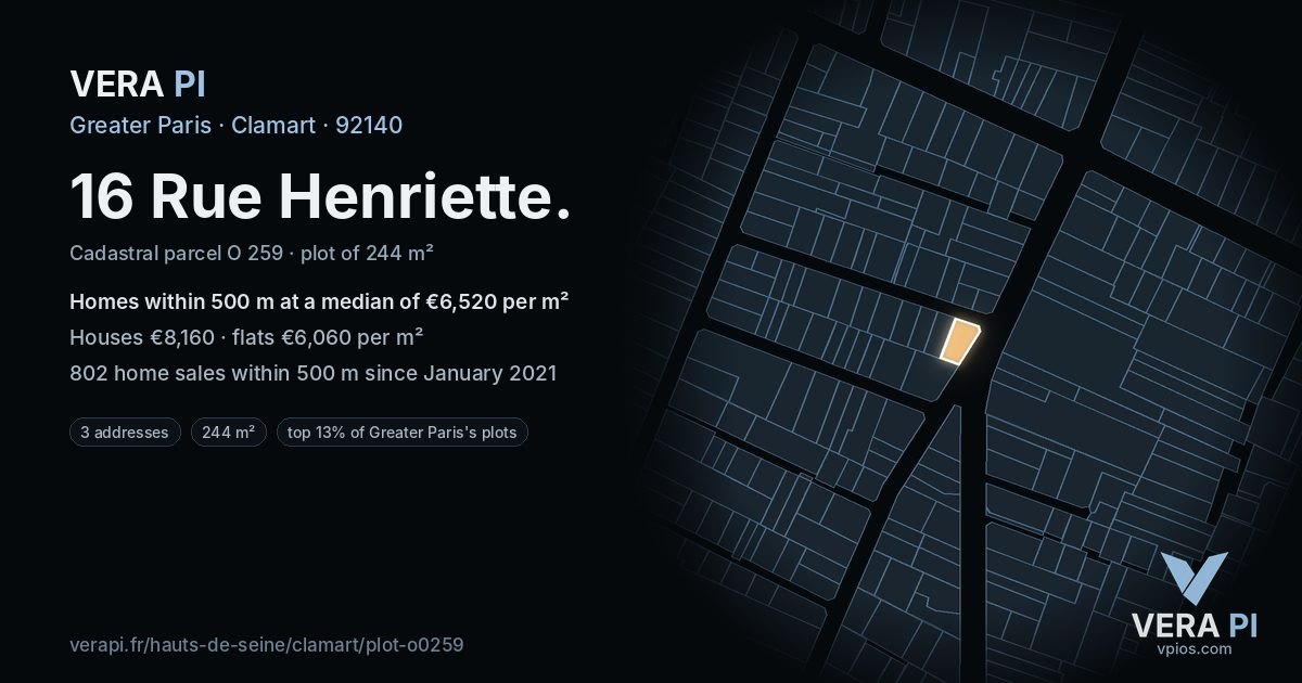 16 Rue Henriette, Clamart at night – the plot lit, the parcels around coloured by the prices near them