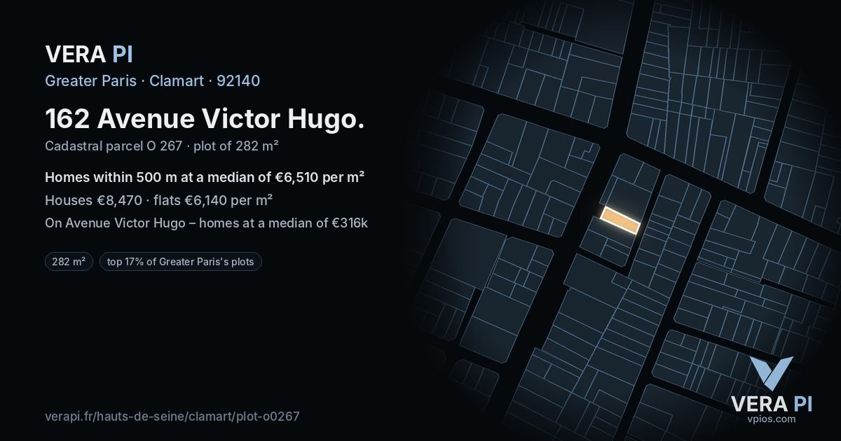 162 Avenue Victor Hugo, Clamart at night – the plot lit, the parcels around coloured by the prices near them