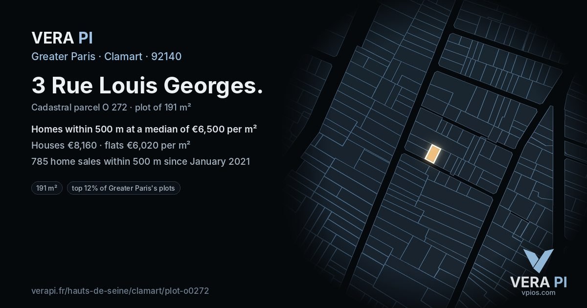 3 Rue Louis Georges, Clamart at night – the plot lit, the parcels around coloured by the prices near them