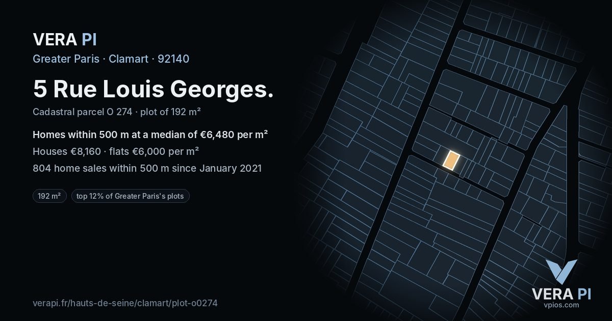5 Rue Louis Georges, Clamart at night – the plot lit, the parcels around coloured by the prices near them