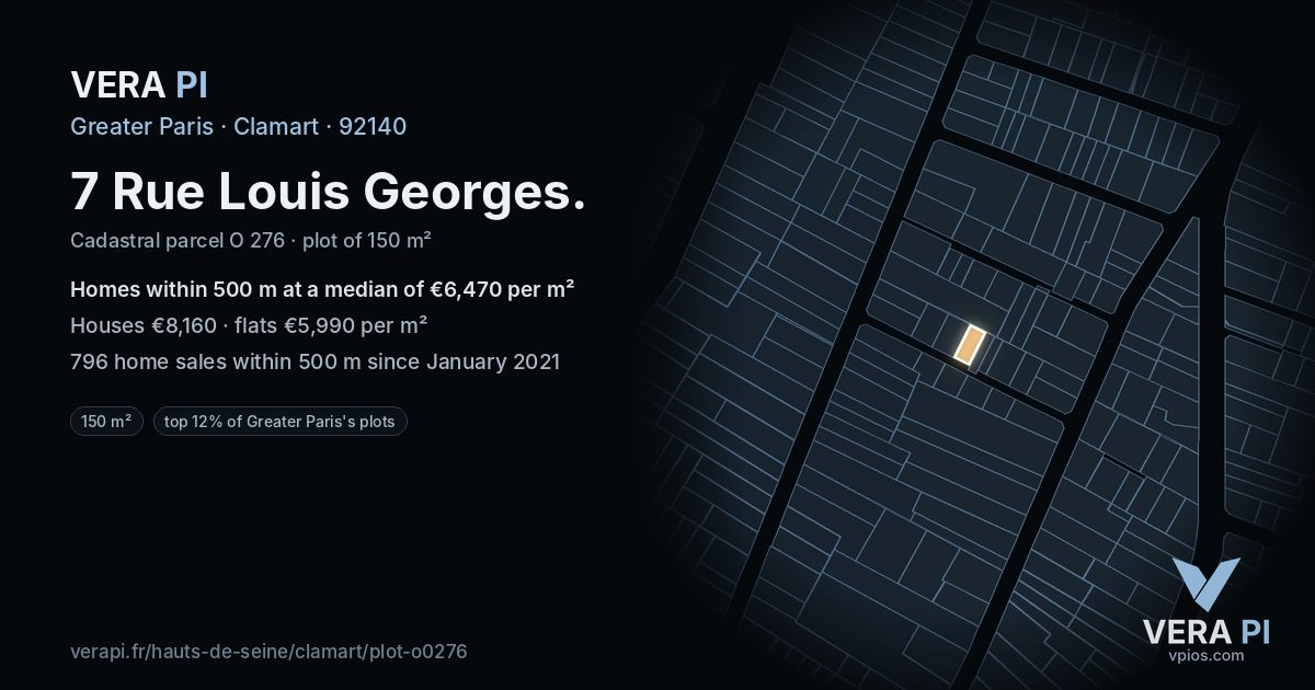 7 Rue Louis Georges, Clamart at night – the plot lit, the parcels around coloured by the prices near them