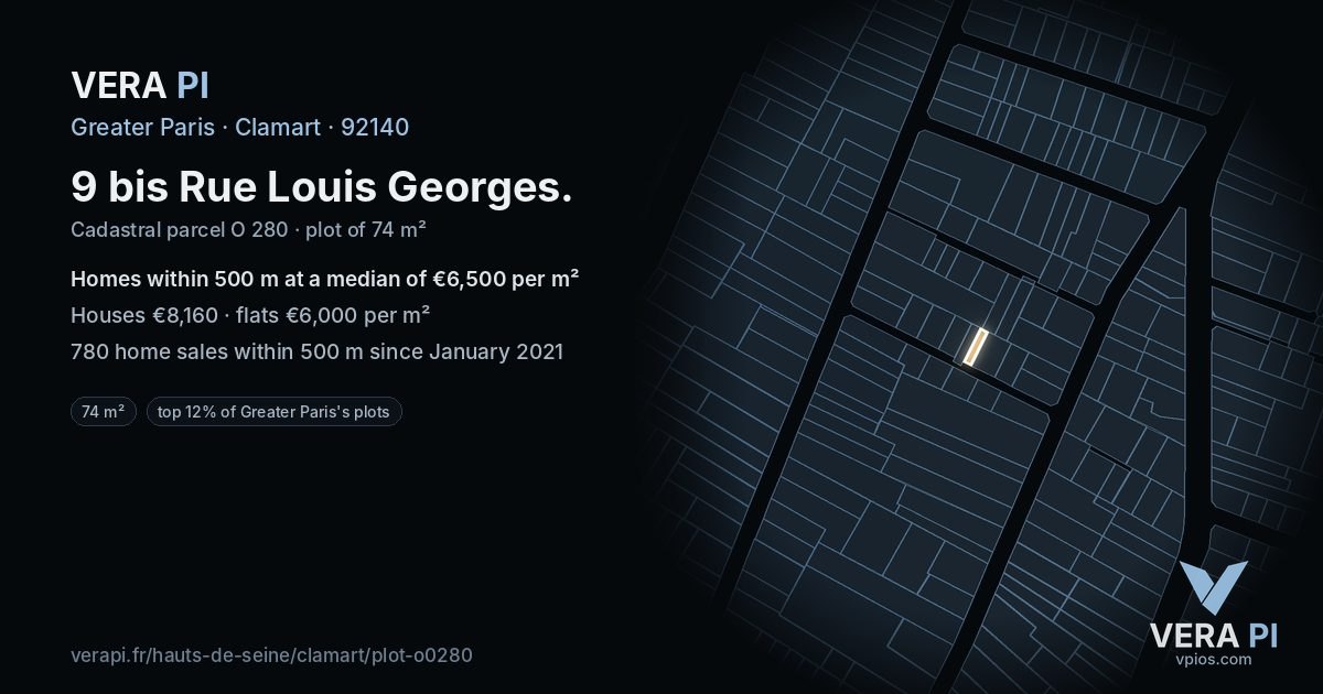 9 bis Rue Louis Georges, Clamart at night – the plot lit, the parcels around coloured by the prices near them