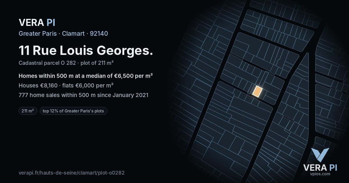 11 Rue Louis Georges, Clamart at night – the plot lit, the parcels around coloured by the prices near them
