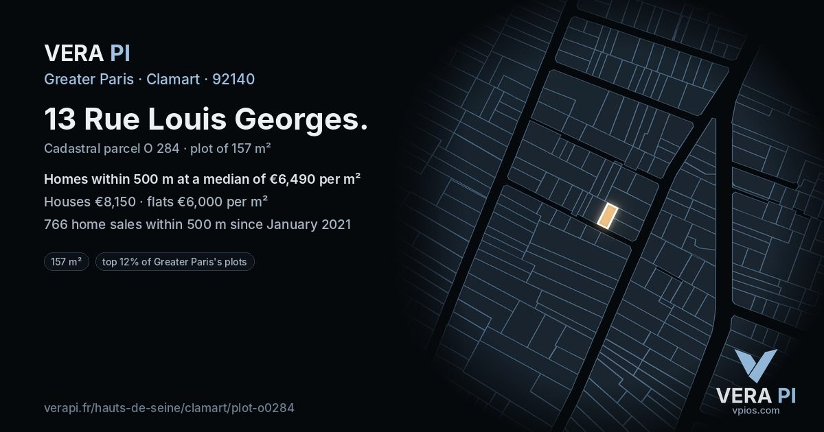 13 Rue Louis Georges, Clamart at night – the plot lit, the parcels around coloured by the prices near them