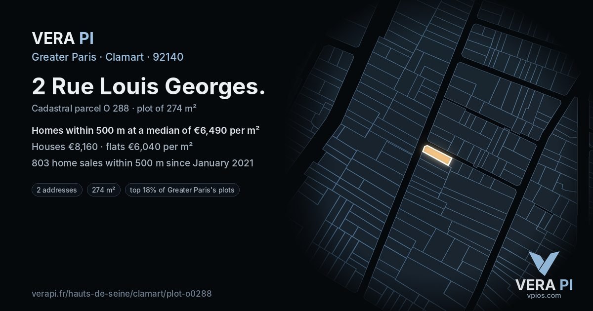 2 Rue Louis Georges, Clamart at night – the plot lit, the parcels around coloured by the prices near them