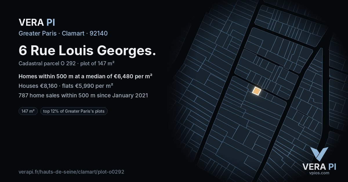 6 Rue Louis Georges, Clamart at night – the plot lit, the parcels around coloured by the prices near them
