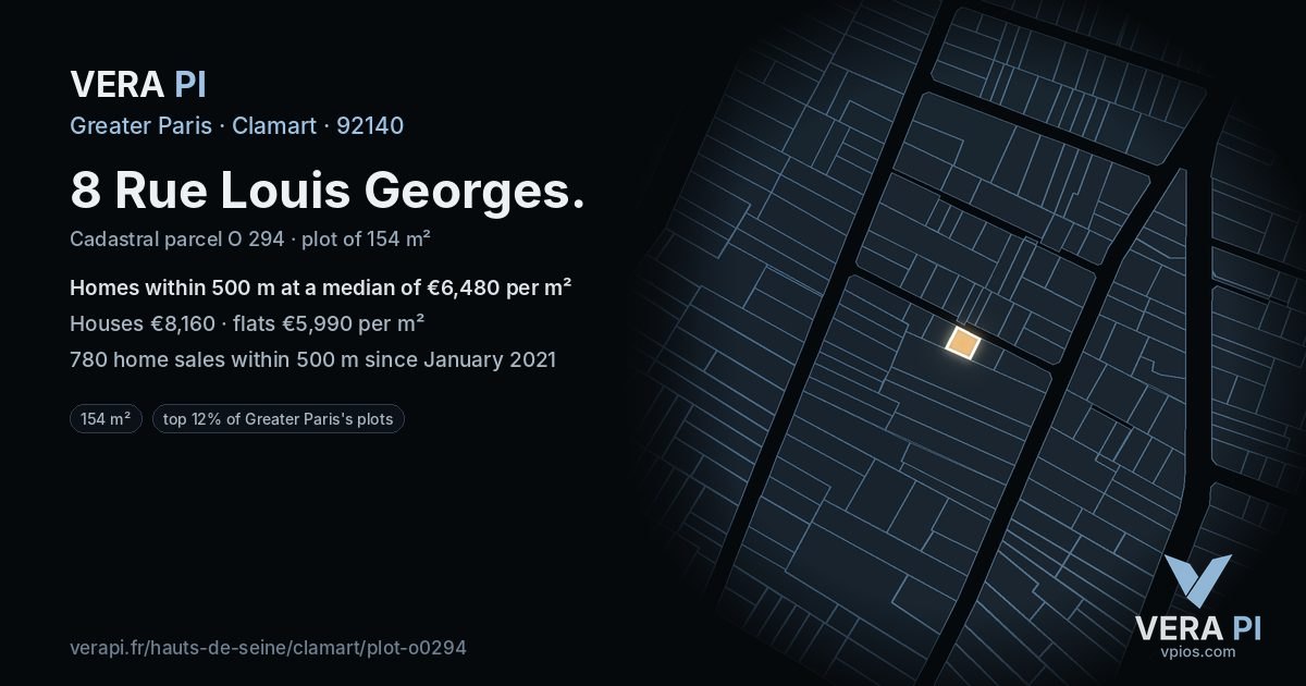 8 Rue Louis Georges, Clamart at night – the plot lit, the parcels around coloured by the prices near them
