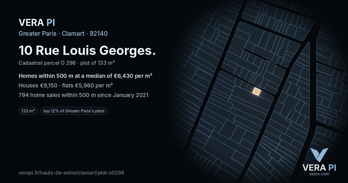 10 Rue Louis Georges, Clamart at night – the plot lit, the parcels around coloured by the prices near them