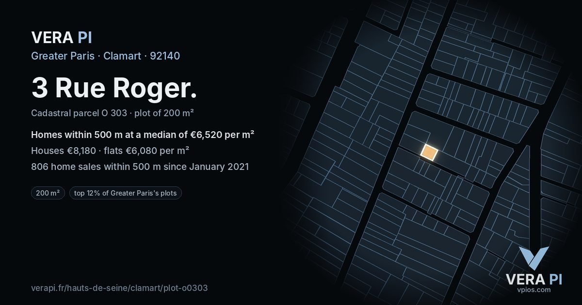 3 Rue Roger, Clamart at night – the plot lit, the parcels around coloured by the prices near them