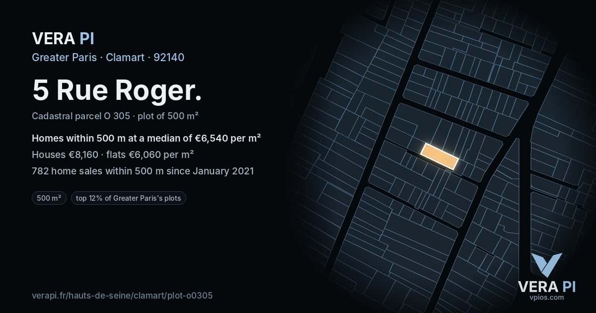 5 Rue Roger, Clamart at night – the plot lit, the parcels around coloured by the prices near them