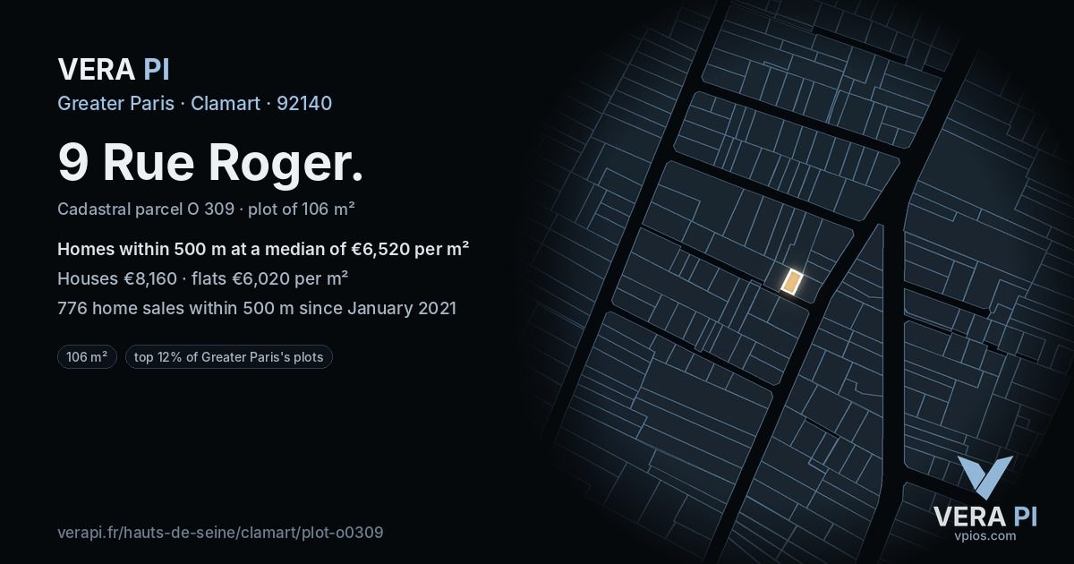 9 Rue Roger, Clamart at night – the plot lit, the parcels around coloured by the prices near them