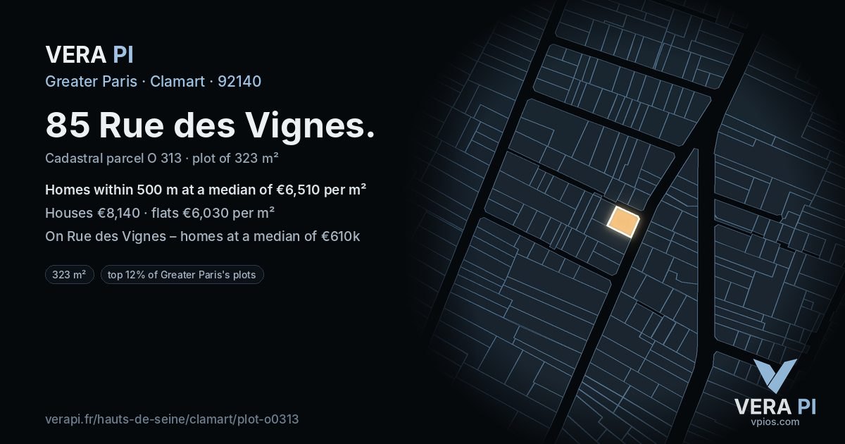 85 Rue des Vignes, Clamart at night – the plot lit, the parcels around coloured by the prices near them