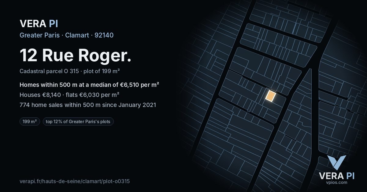 12 Rue Roger, Clamart at night – the plot lit, the parcels around coloured by the prices near them