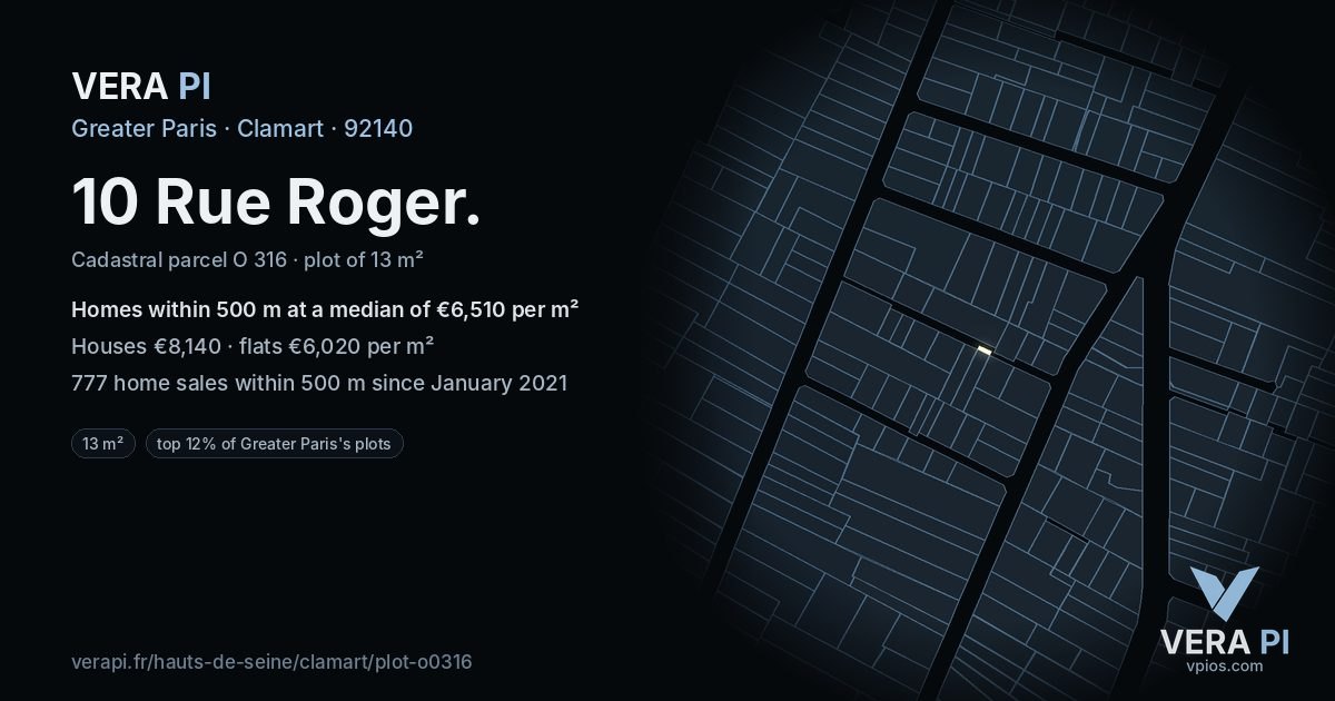 10 Rue Roger, Clamart at night – the plot lit, the parcels around coloured by the prices near them