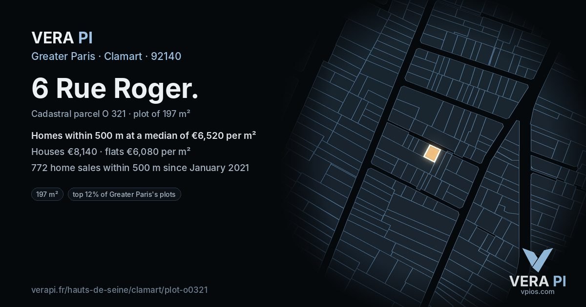 6 Rue Roger, Clamart at night – the plot lit, the parcels around coloured by the prices near them