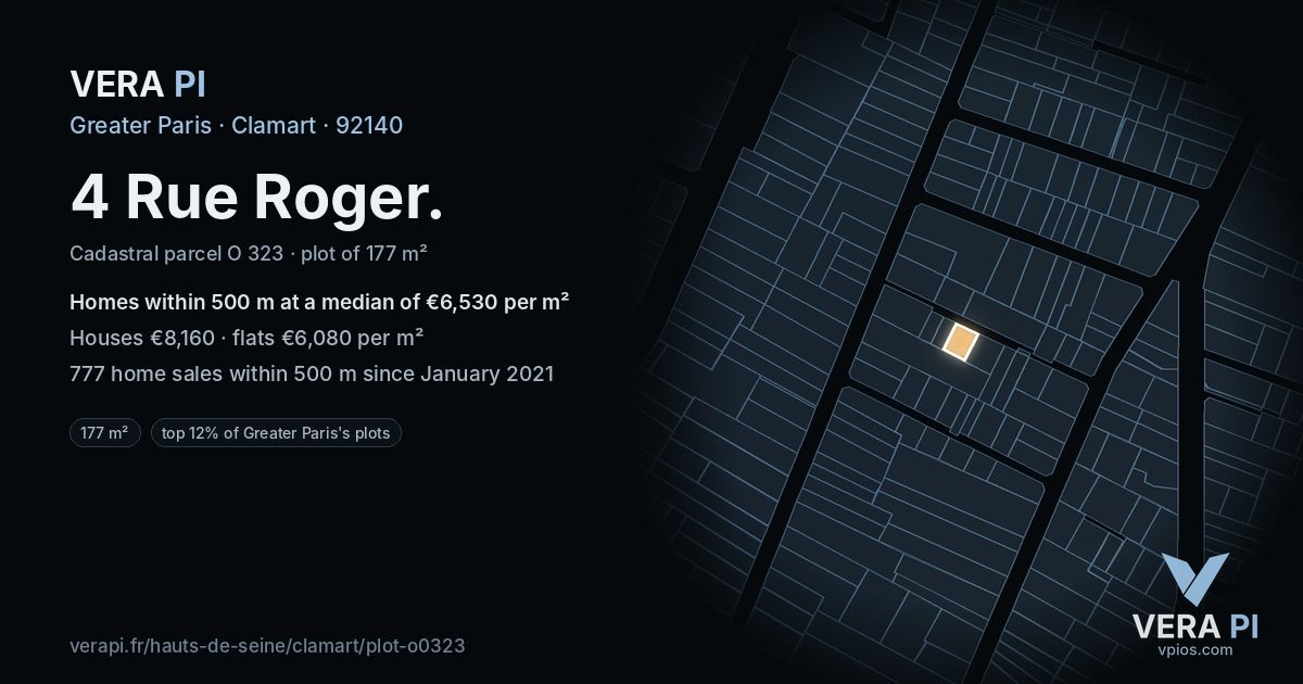 4 Rue Roger, Clamart at night – the plot lit, the parcels around coloured by the prices near them