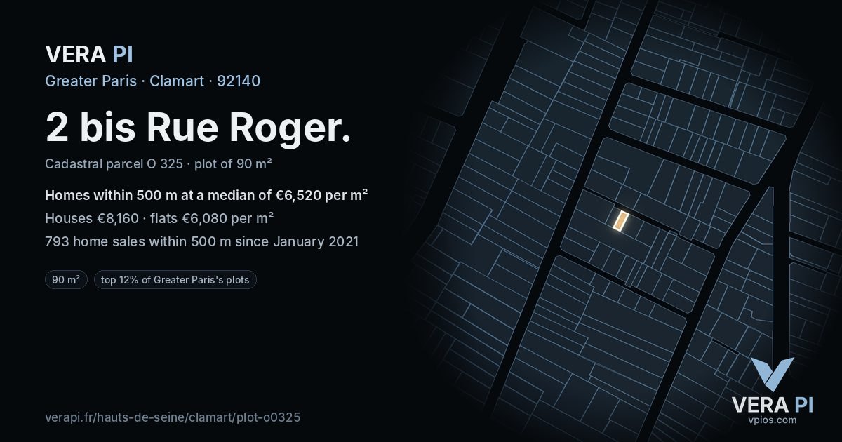2 bis Rue Roger, Clamart at night – the plot lit, the parcels around coloured by the prices near them
