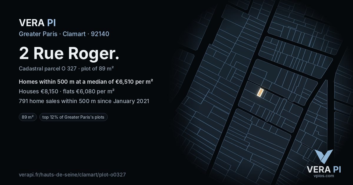 2 Rue Roger, Clamart at night – the plot lit, the parcels around coloured by the prices near them