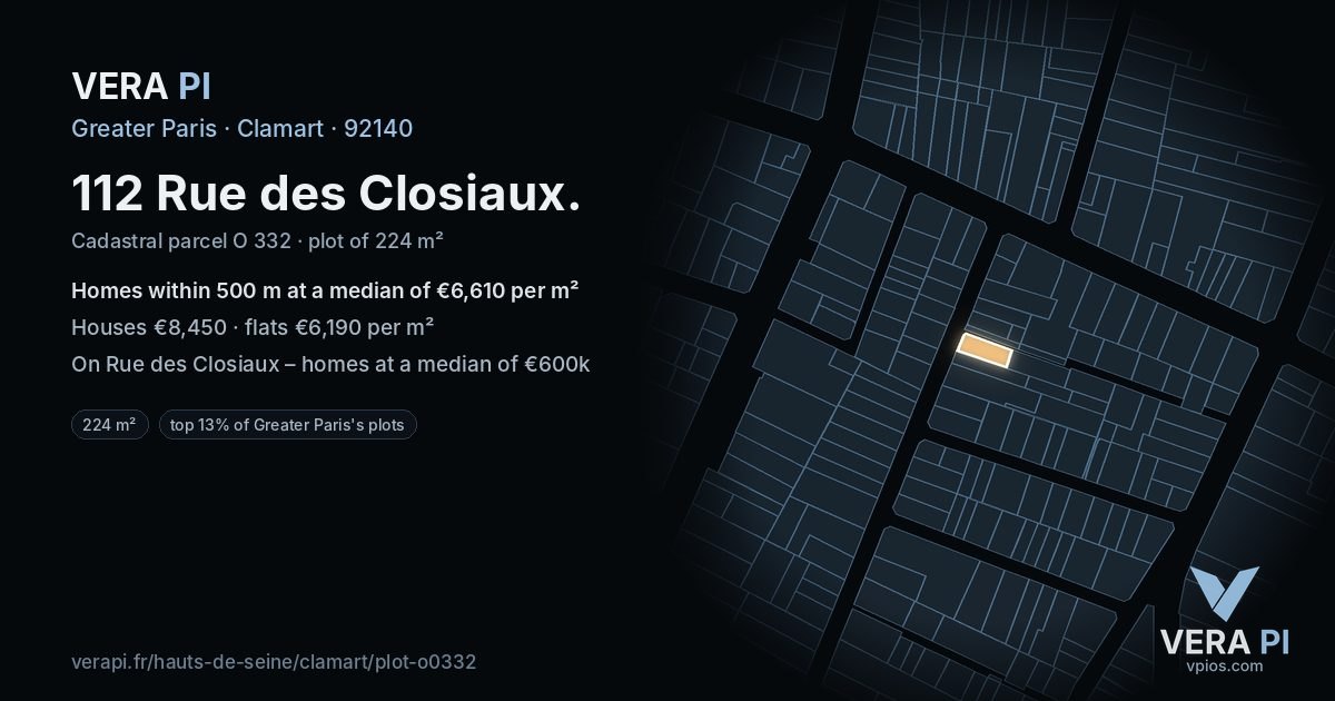112 Rue des Closiaux, Clamart at night – the plot lit, the parcels around coloured by the prices near them