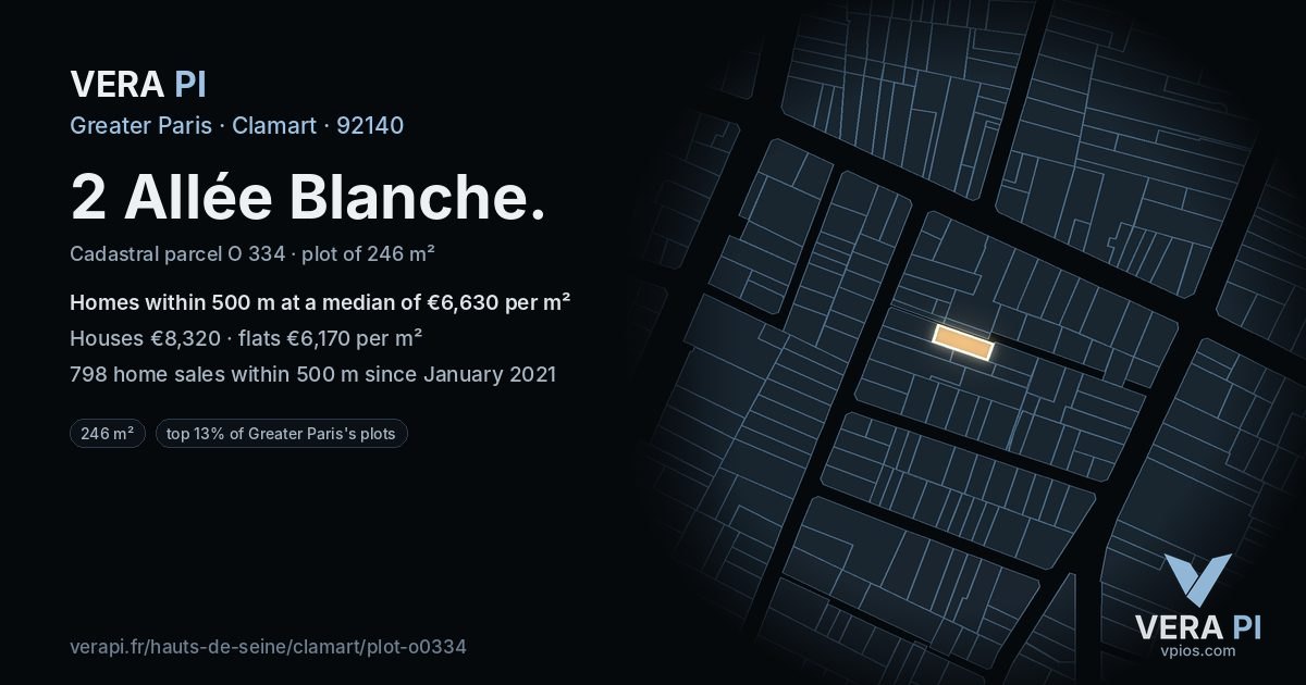 2 Allée Blanche, Clamart at night – the plot lit, the parcels around coloured by the prices near them