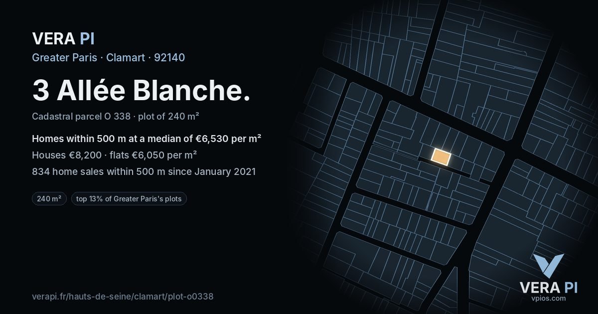 3 Allée Blanche, Clamart at night – the plot lit, the parcels around coloured by the prices near them