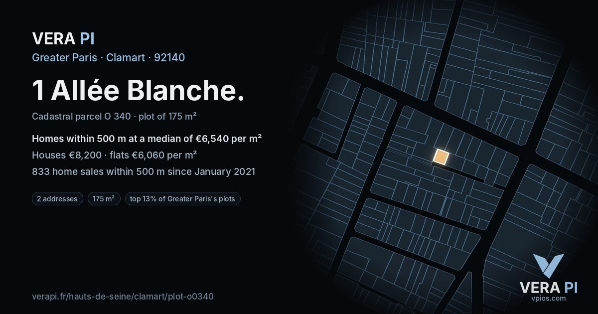 1 Allée Blanche, Clamart at night – the plot lit, the parcels around coloured by the prices near them