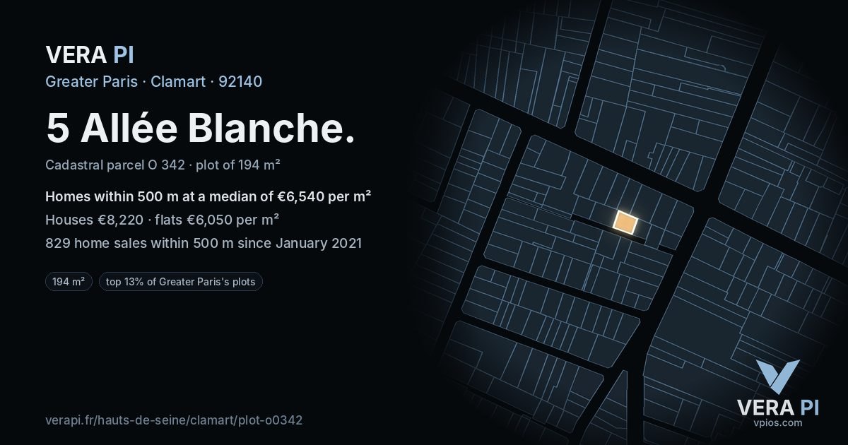 5 Allée Blanche, Clamart at night – the plot lit, the parcels around coloured by the prices near them