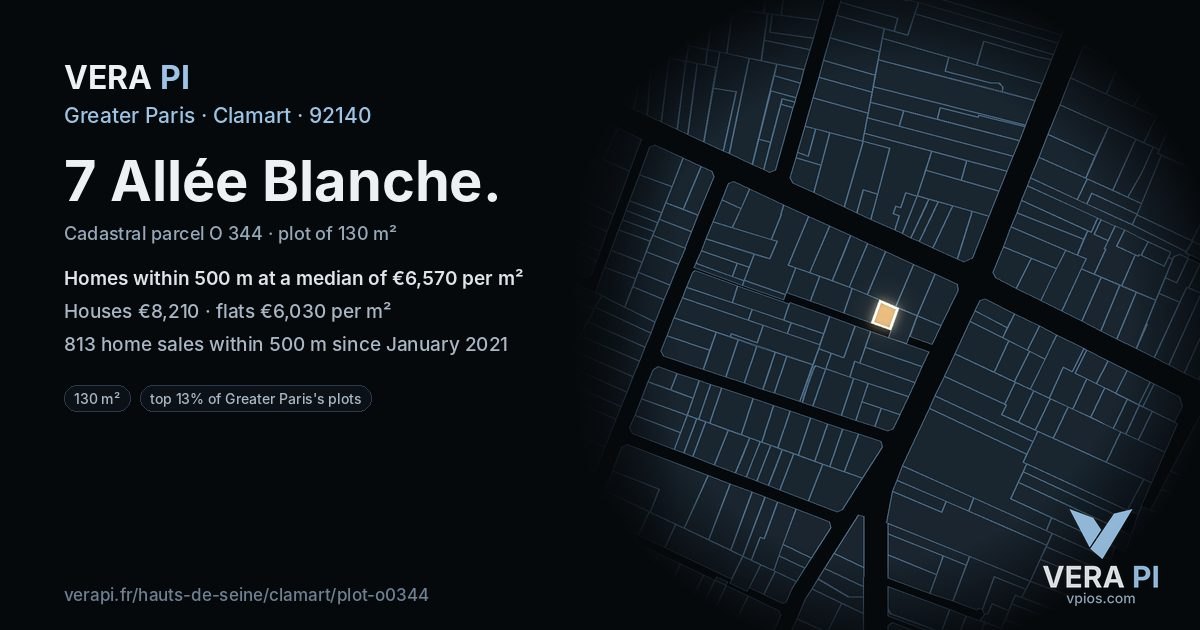 7 Allée Blanche, Clamart at night – the plot lit, the parcels around coloured by the prices near them