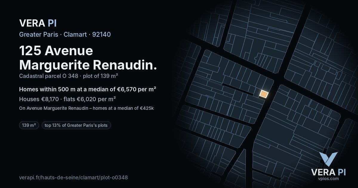 125 Avenue Marguerite Renaudin, Clamart at night – the plot lit, the parcels around coloured by the prices near them